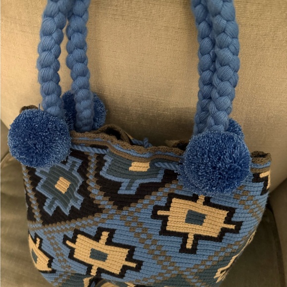 Handbags - Blue Geometric Woven Shoulder Bag with Pom-Pom Accents
